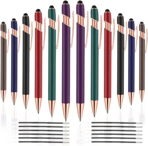 12 PCS 2-in-1 Stylus Retractable Ballpoint Pens,Pen with Stylus tips, 1.0 mm Black Ink Metal Pen Stylus Pens for Touch Screens,12 Pens and 12 Refills(Mixed Color)