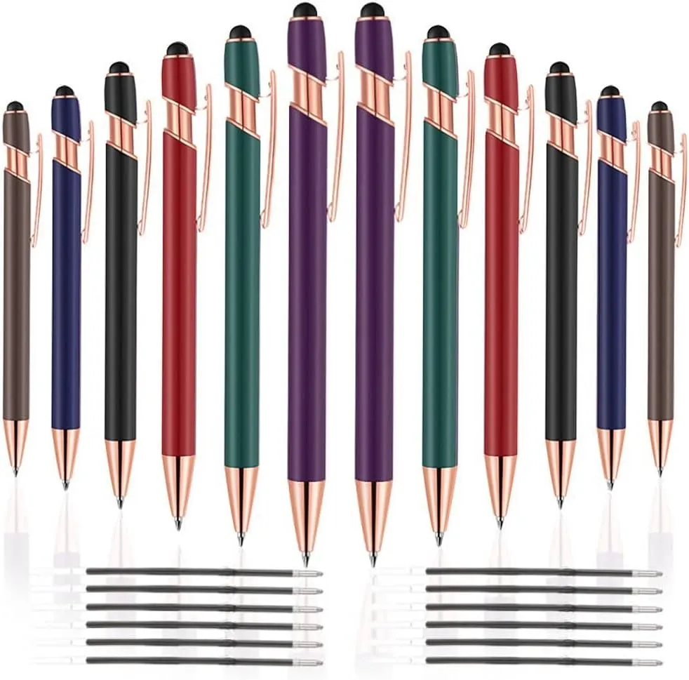 12 PCS 2-in-1 Stylus Retractable Ballpoint Pens,Pen with Stylus tips, 1.0 mm Black Ink Metal Pen Stylus Pens for Touch Screens,12 Pens and 12 Refills(Mixed Color)