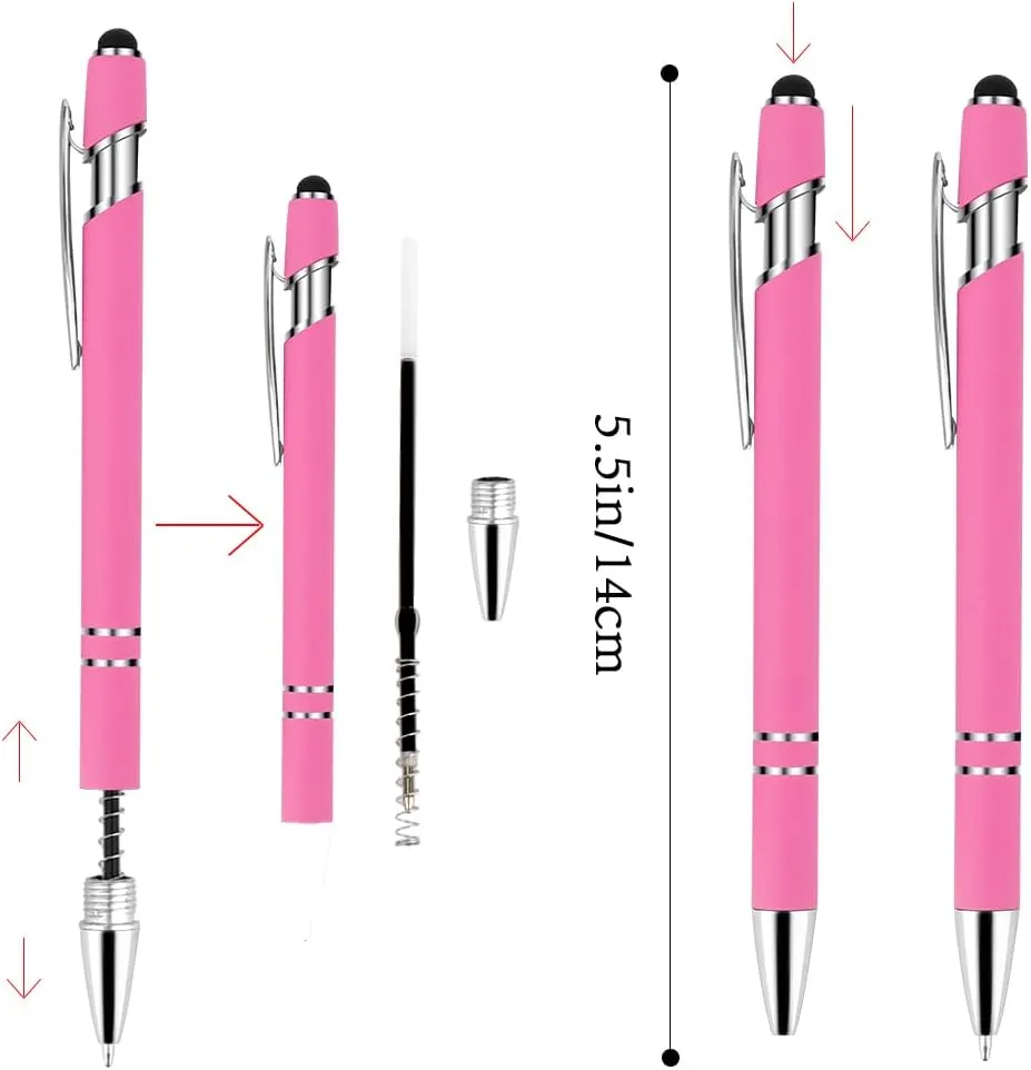 12 Pcs Pink Ballpoint Pens,Ballpoint Stylus Ball Point Black Ink Retractable Pens with Stylus Tips for Touch Screens & Writing,Metal Pen Sets for Women Gift - 1.0 mm Smooth Writing