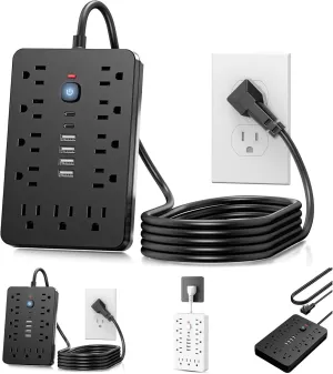 17 in 1 Surge Protector Power Strip,11 Outlet,4 USB Ports,2 Type-C Ports,Flat Plug Extension Cord Outlets with Switch,Multi-Functional Compact Wall Mount Power Strips (Black, 0.08M)