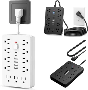 17 in 1 Surge Protector Power Strip,11 Outlet,4 USB Ports,2 Type-C Ports,Flat Plug Extension Cord Outlets with Switch,Multi-Functional Compact Wall Mount Power Strips (White, 0.08M)