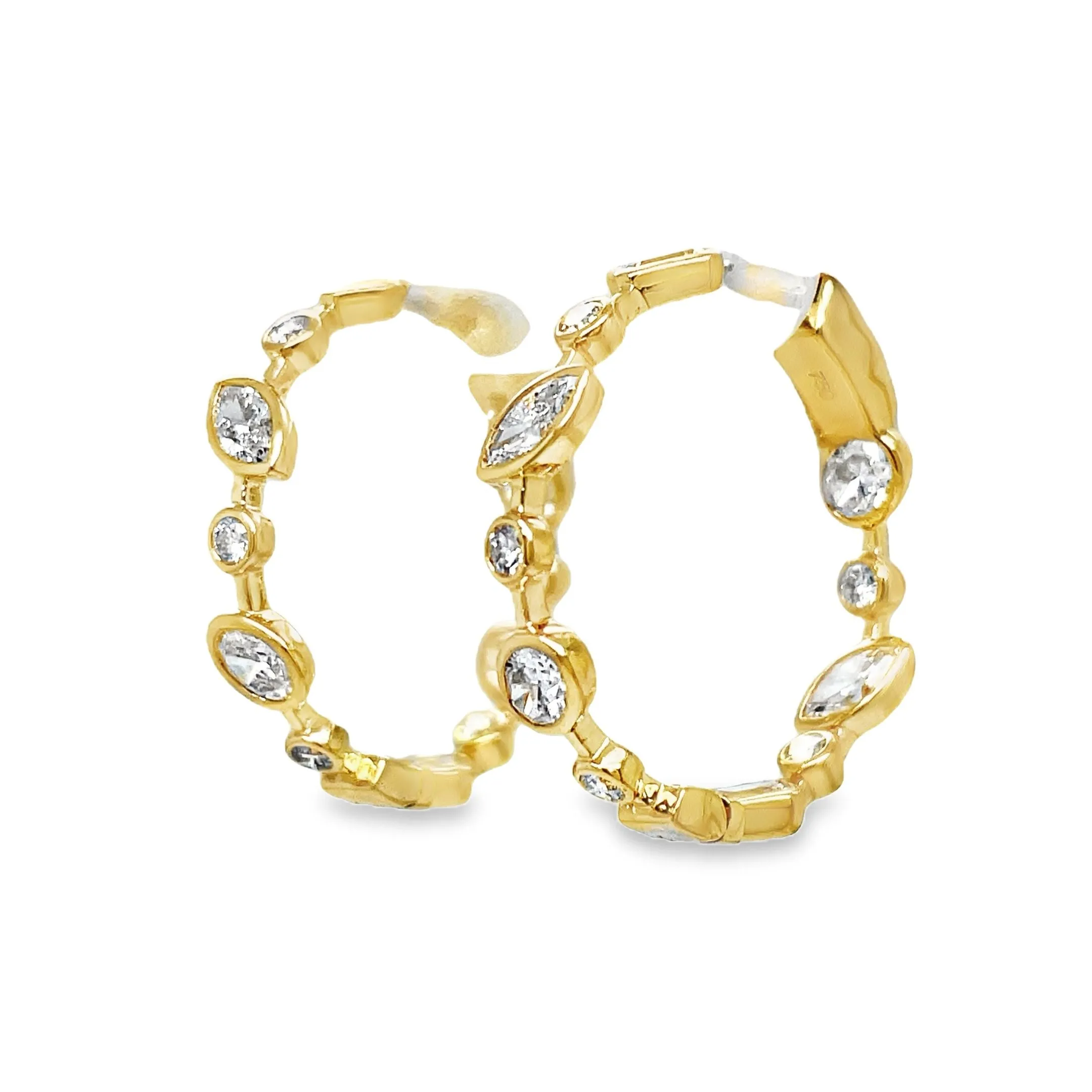 18K Yellow Gold Mix Cut Bezel Set Diamond Hoop Earrings