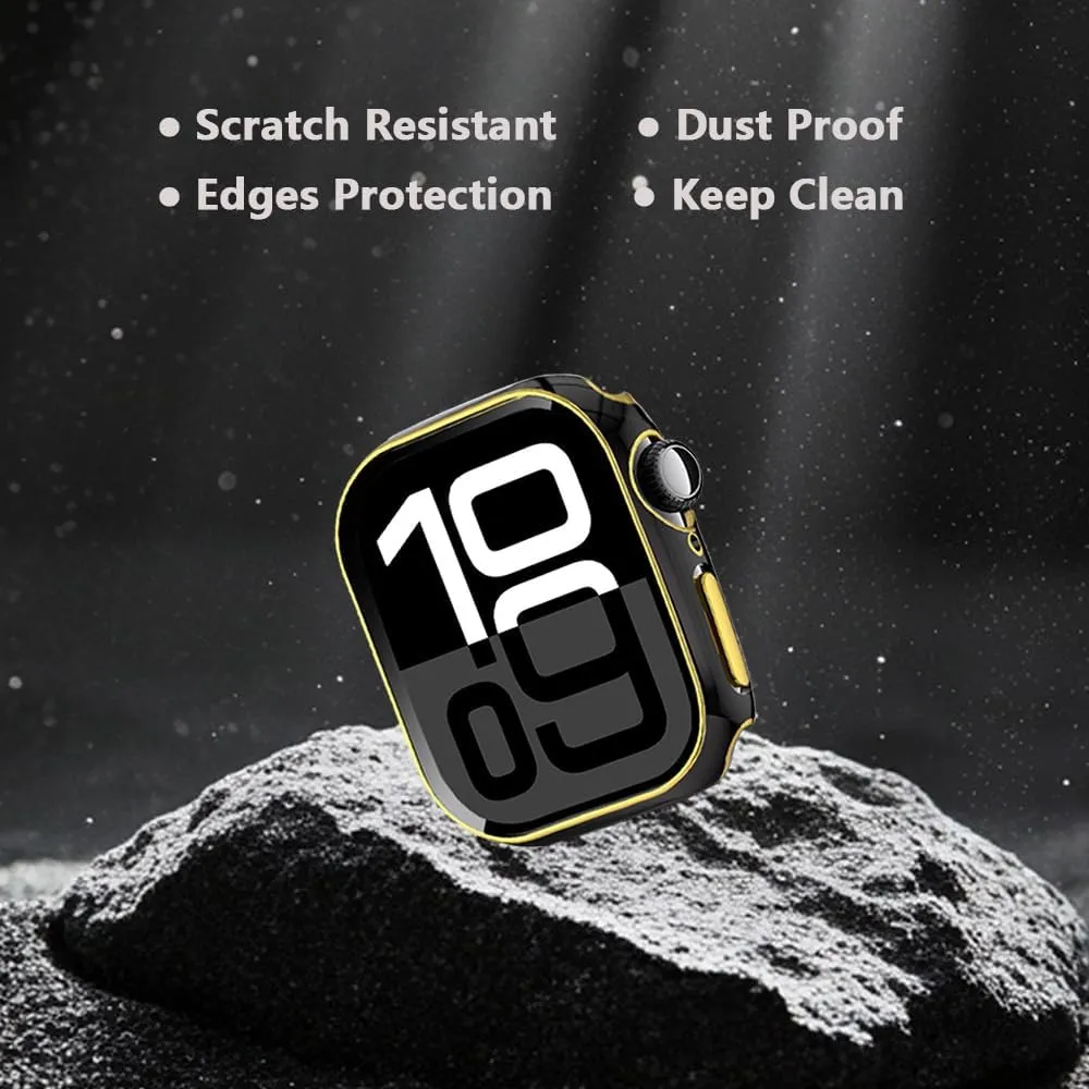 2 Pack Compatible with Apple Watch Case Series 10 (2024) built in Tempered Glass Screen Protector, Shockproof Anti-Scratch Cover for iWatch (black&black/gold edge, for iwatch series 10/ 42mm)