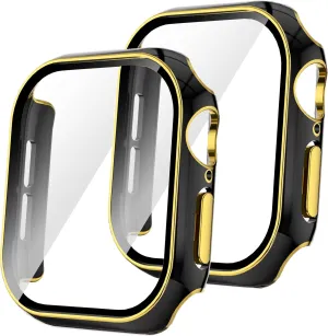 2 Pack Compatible with Apple Watch Case Series 10 (2024) built in Tempered Glass Screen Protector, Shockproof Anti-Scratch Cover for iWatch (black&black/gold edge, for iwatch series 10/ 42mm)