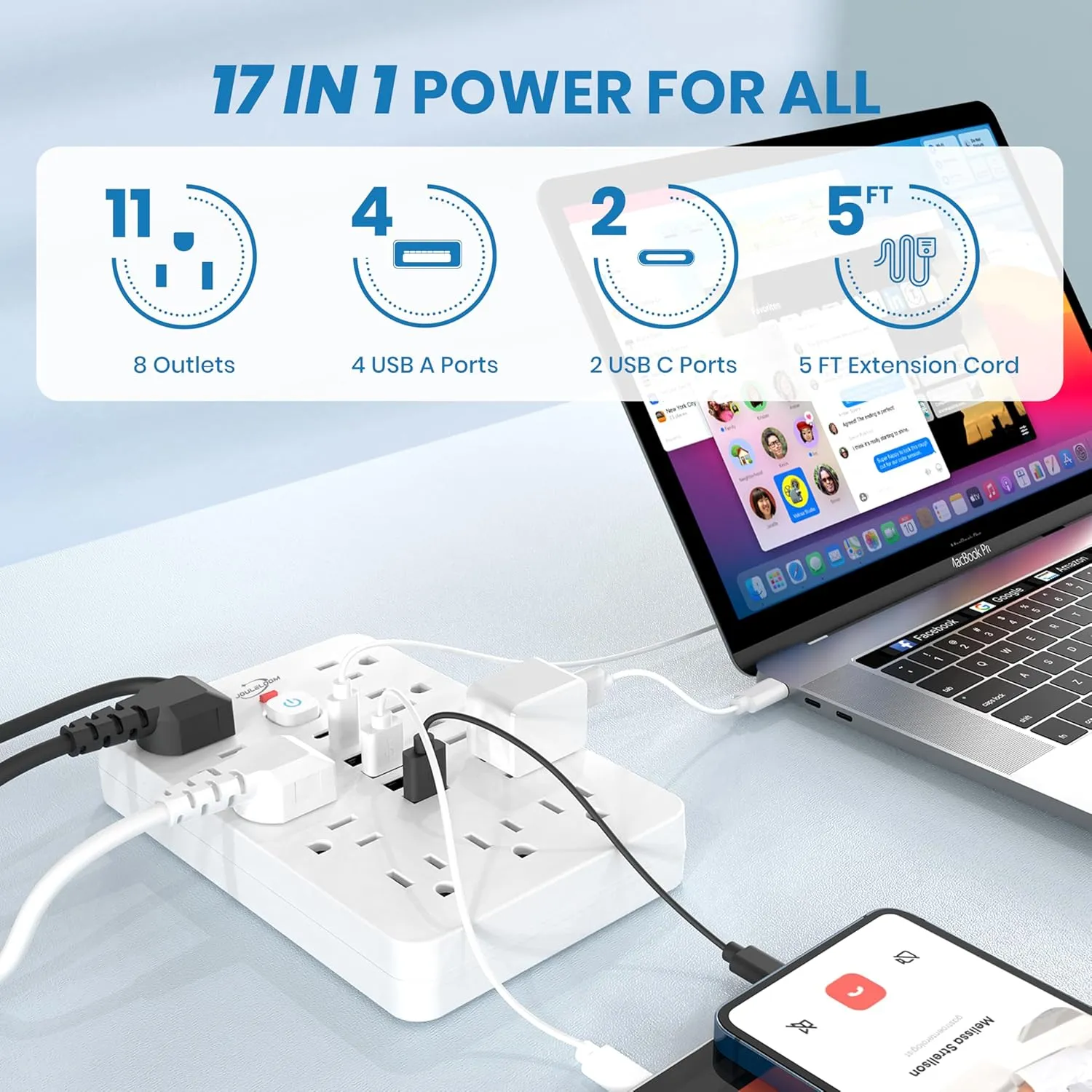 2 Pack JouleLoom Power Strip Surge Protector with 11 Outlets, 4 USB and 2 USB C Ports, 5 Ft Extension Cord, Flat Plug, Wall Mount, Overload Protection Desk USB Charging Station for Home, Office