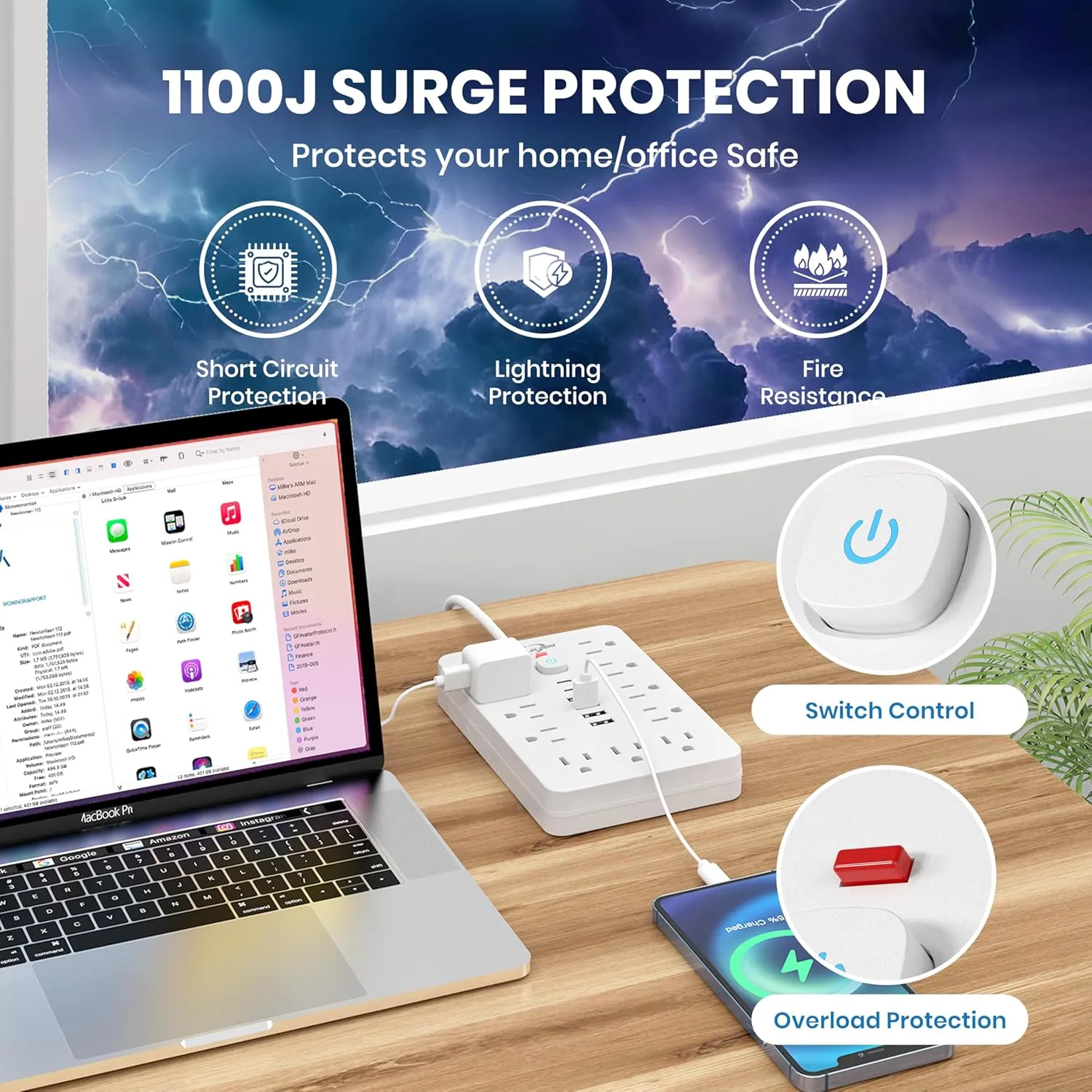 2 Pack JouleLoom Power Strip Surge Protector with 11 Outlets, 4 USB and 2 USB C Ports, 5 Ft Extension Cord, Flat Plug, Wall Mount, Overload Protection Desk USB Charging Station for Home, Office