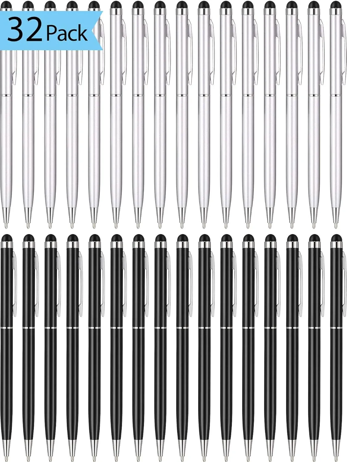 32 Pieces Stylus Pen for Touch Screens, 2 in 1 Universal Ballpoint Fine Tip Stylus Metal Pens, Black Ink, for Most Capacitive Touch-Screen Phone Tablet (Black, Silver)