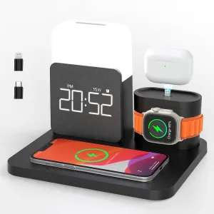 7 in 1 Charging Station for iPhone, Wireless Charging Station, Alarm Clock, Night Light, Wireless Charger for iPhone 16 15 14 13 12 Pro Max & Apple Watch - Charging Stand Dock for AirPods