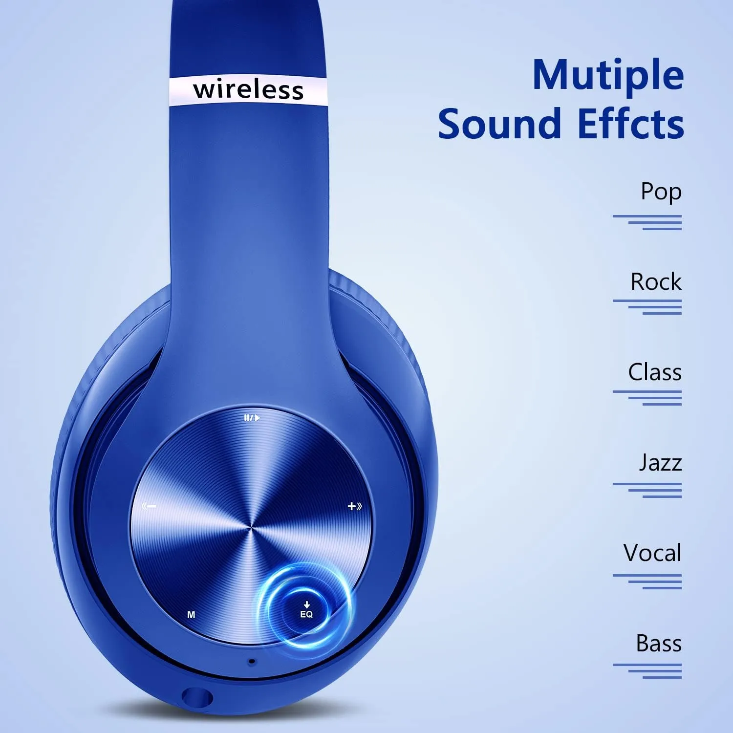 9S Wireless Over-Ear Bluetooth Headphones, 60 Hours Playtime, Hi-Fi Stereo, 6 EQ Modes, Built-in Microphone, Foldable Design, Blue