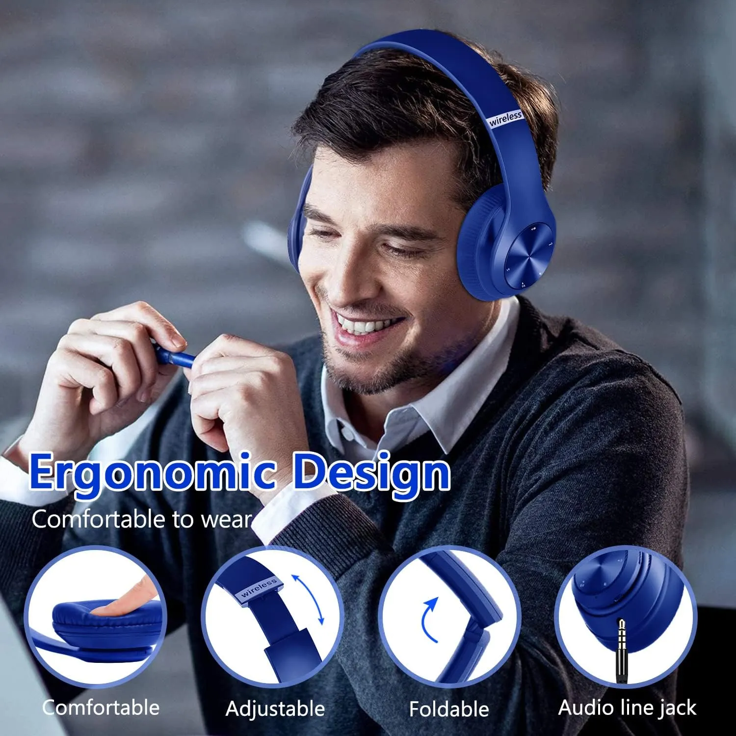 9S Wireless Over-Ear Bluetooth Headphones, 60 Hours Playtime, Hi-Fi Stereo, 6 EQ Modes, Built-in Microphone, Foldable Design, Blue