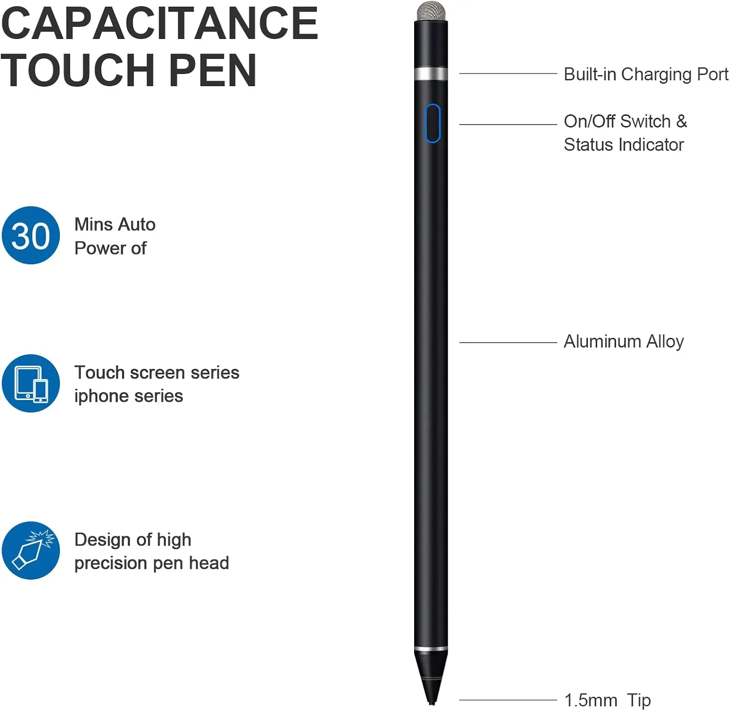 Active Stylus Pens for Touch Screens, Fine Point Smart Digital Pens Compatible with iPhone iPad, Samsung/Android Smart Phone&Tablet Writing Drawing