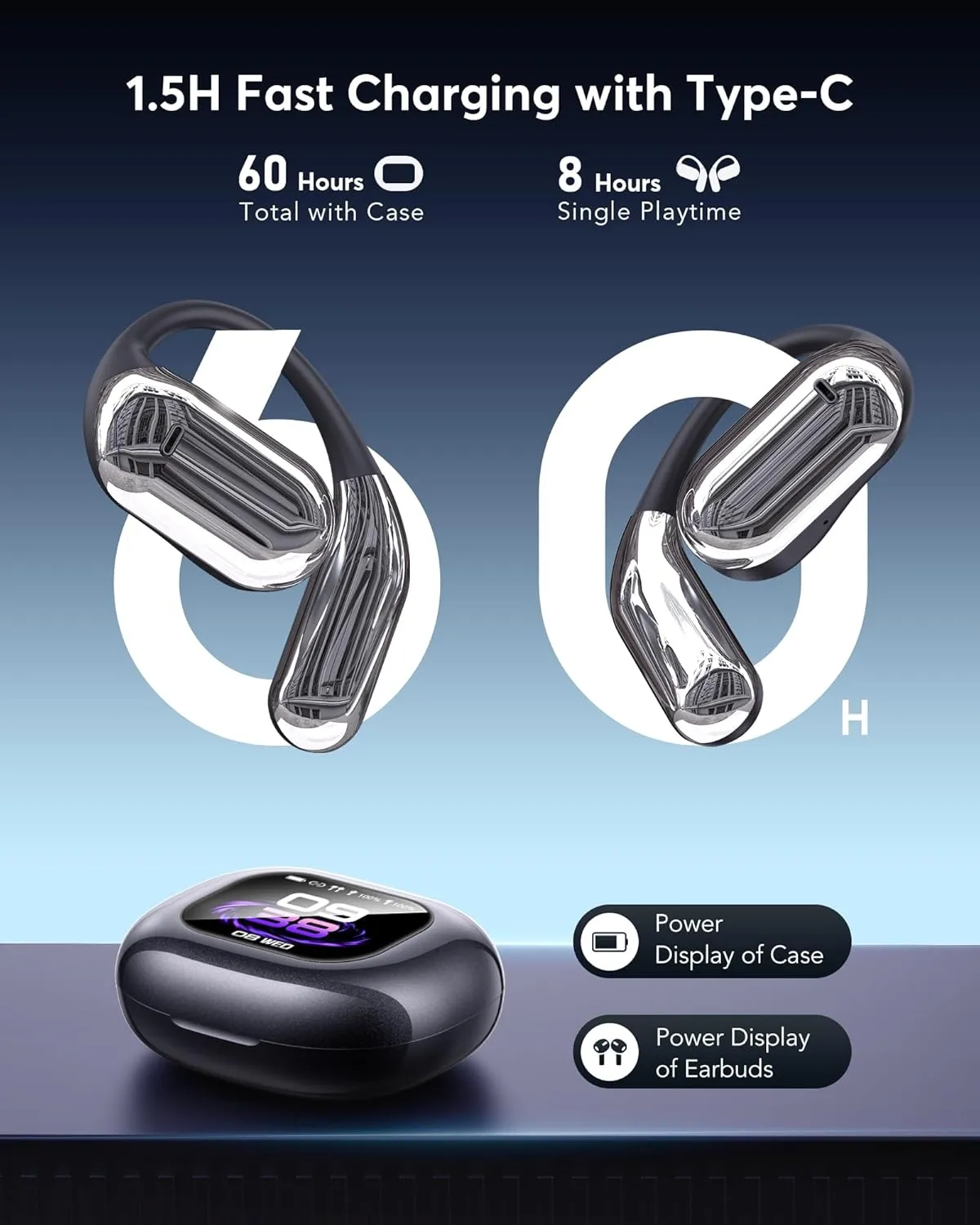 AI Language Translation Earbuds, Bluetooth 5.4 Headphones Translator for 144 Languages & Accents, OWS LCD Touch Screen Real-Time Earphones Fit iOS and Android Ideal for Travel Business Learning, Black