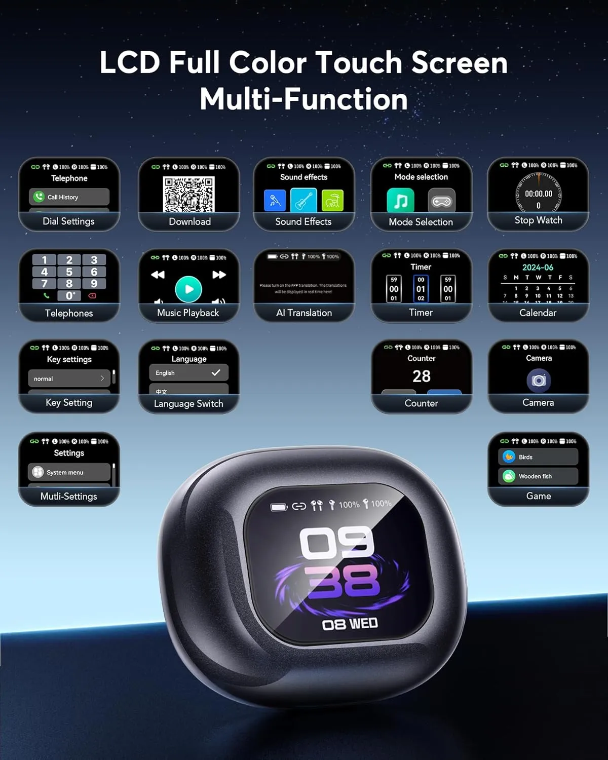 AI Language Translation Earbuds, Bluetooth 5.4 Headphones Translator for 144 Languages & Accents, OWS LCD Touch Screen Real-Time Earphones Fit iOS and Android Ideal for Travel Business Learning, Black