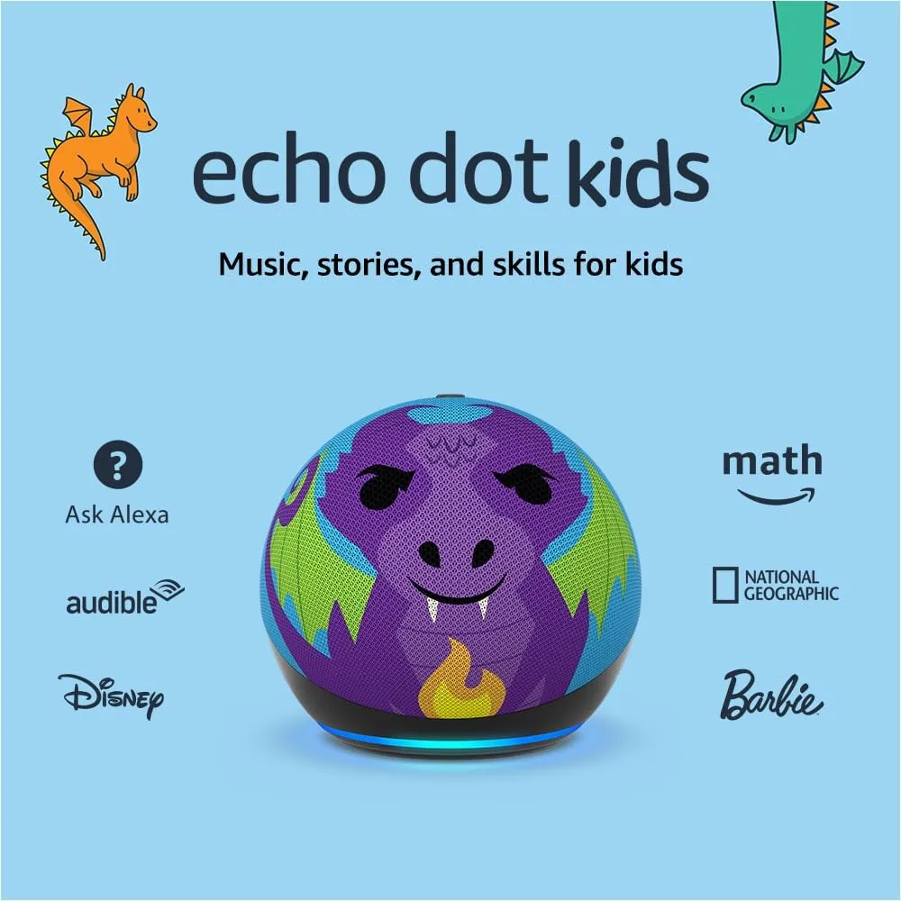 Amazon Echo Dot Kids (newest model), Designed for kids, with parental controls, Includes 1 Year of Amazon Kids , Dragon