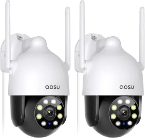 AOSU 2K Security Camera 2Pack with Motion Tracking, 360Pan-Tilt View Security Camera, Spotlight & Siren, 2.4G WiFi, 2-Way Audio, Full Color Night Vision Security Camera, Waterproof Outdoor Camera