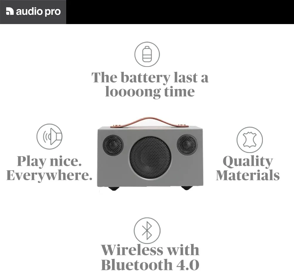 Audio Pro Portable Bluetooth Speakers, Powerful Sound, Long Battery, Outdoor Speakers Bluetooth Wireless, Alexa Compatible, Grey
