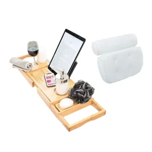 Bathtub Tray and Luxury Bath Pillow Set - Expandable Bath Tray for Tub and Deluxe Bathtub Pillow for Tub for Ultimate Relaxation - Perfect Bath Accessories for Women, Spa Gifts for Women.