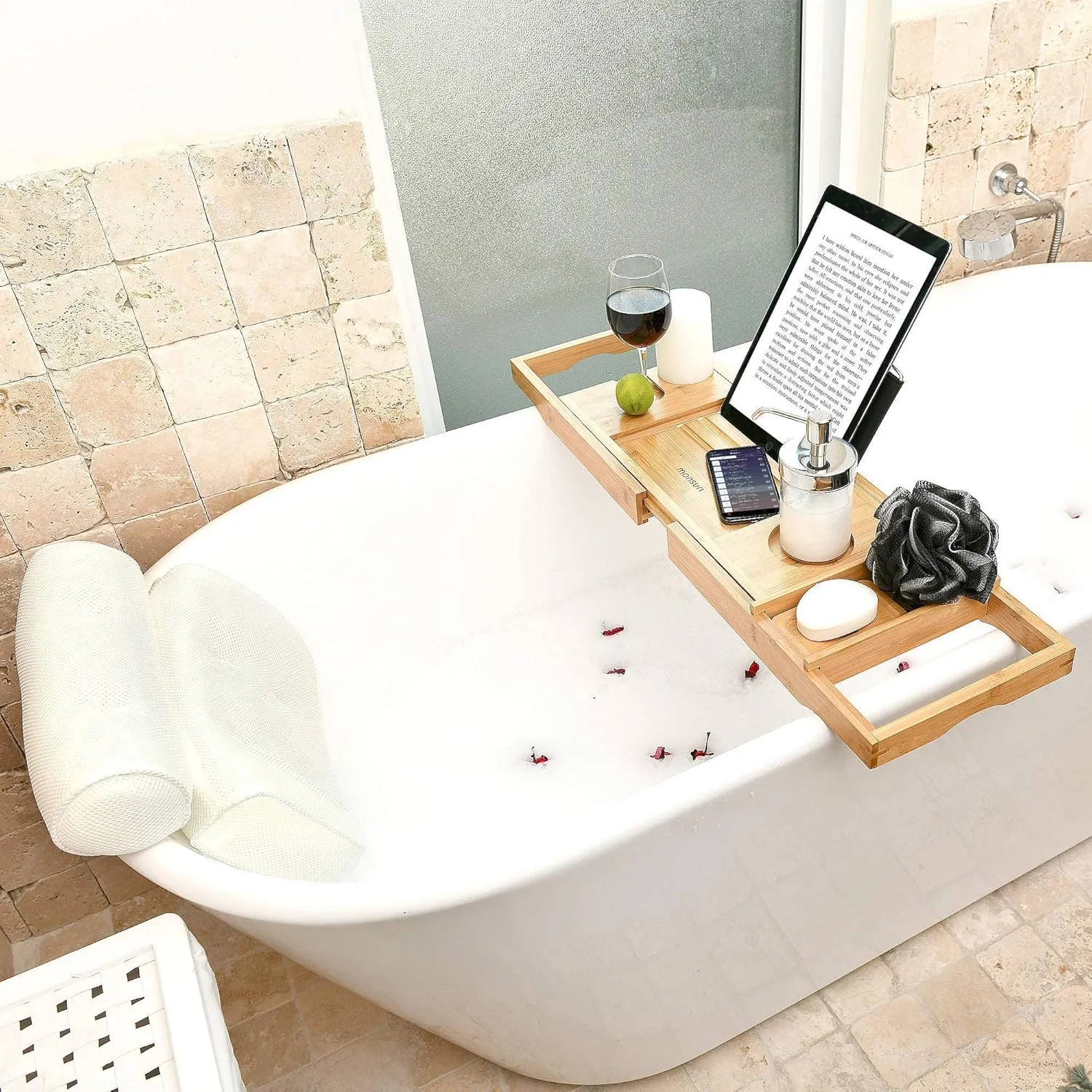Bathtub Tray and Luxury Bath Pillow Set - Expandable Bath Tray for Tub and Deluxe Bathtub Pillow for Tub for Ultimate Relaxation - Perfect Bath Accessories for Women, Spa Gifts for Women.