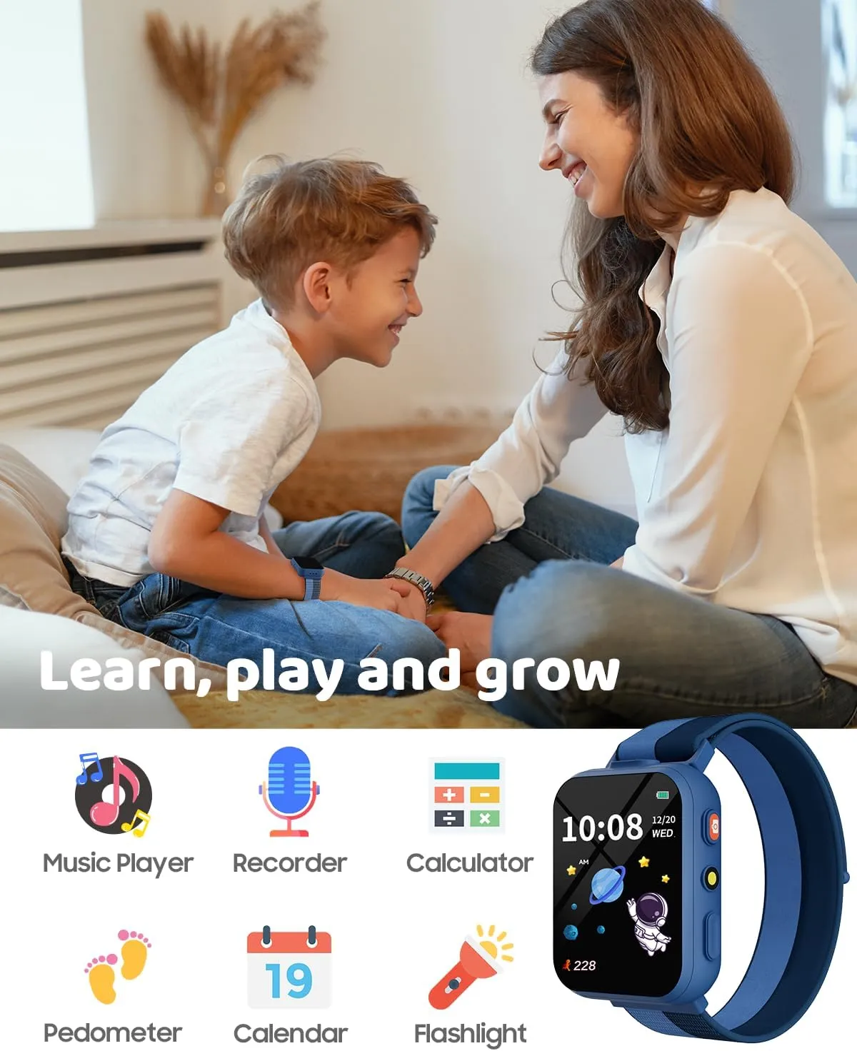 BIGGERFIVE Smart Watch for Kids with Dual Cameras, Two Straps, 30 Puzzle Games, Video & Music Player, Audiobooks, Flashlight, Pedometer, Educational Toys Birthday Gifts for Boys Girls Ages 4-10 Blue