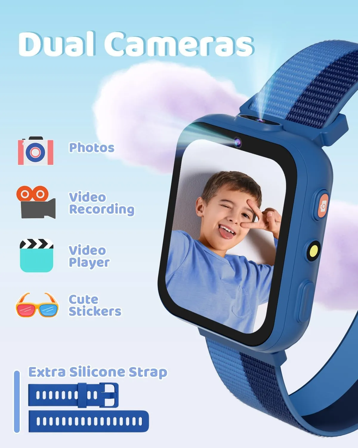 BIGGERFIVE Smart Watch for Kids with Dual Cameras, Two Straps, 30 Puzzle Games, Video & Music Player, Audiobooks, Flashlight, Pedometer, Educational Toys Birthday Gifts for Boys Girls Ages 4-10 Blue