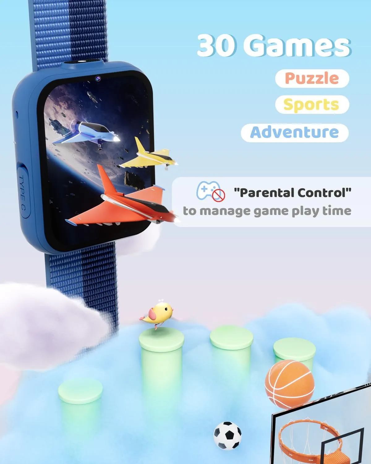 BIGGERFIVE Smart Watch for Kids with Dual Cameras, Two Straps, 30 Puzzle Games, Video & Music Player, Audiobooks, Flashlight, Pedometer, Educational Toys Birthday Gifts for Boys Girls Ages 4-10 Blue