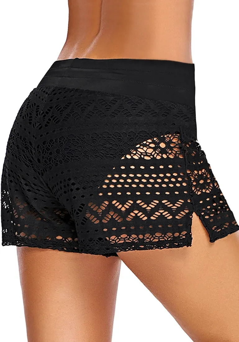 Black Hollow Out Side-Slit Drawstring Swim Shorts