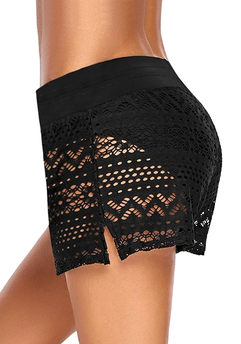 Black Hollow Out Side-Slit Drawstring Swim Shorts