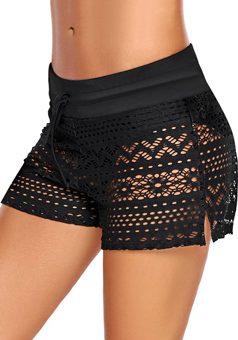 Black Hollow Out Side-Slit Drawstring Swim Shorts