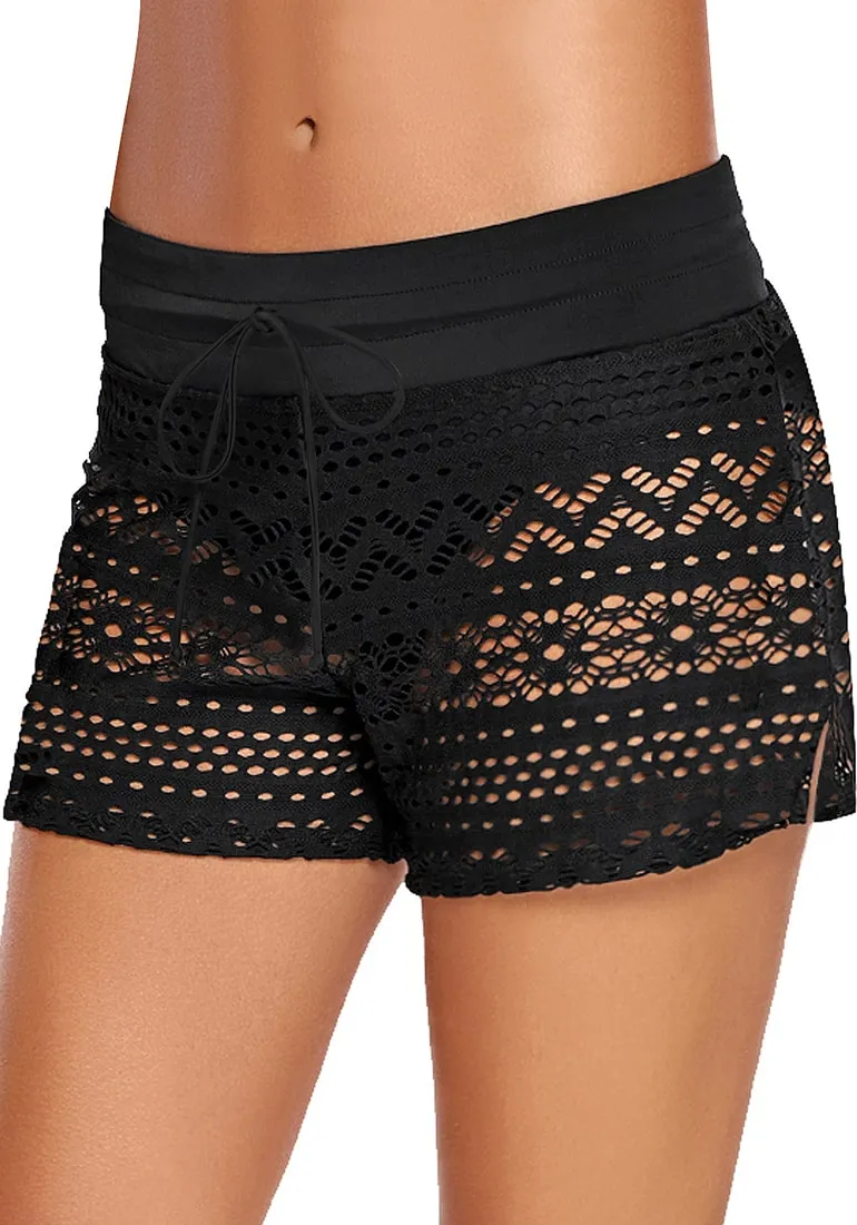 Black Hollow Out Side-Slit Drawstring Swim Shorts