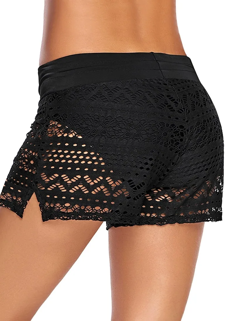 Black Hollow Out Side-Slit Drawstring Swim Shorts