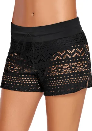 Black Hollow Out Side-Slit Drawstring Swim Shorts