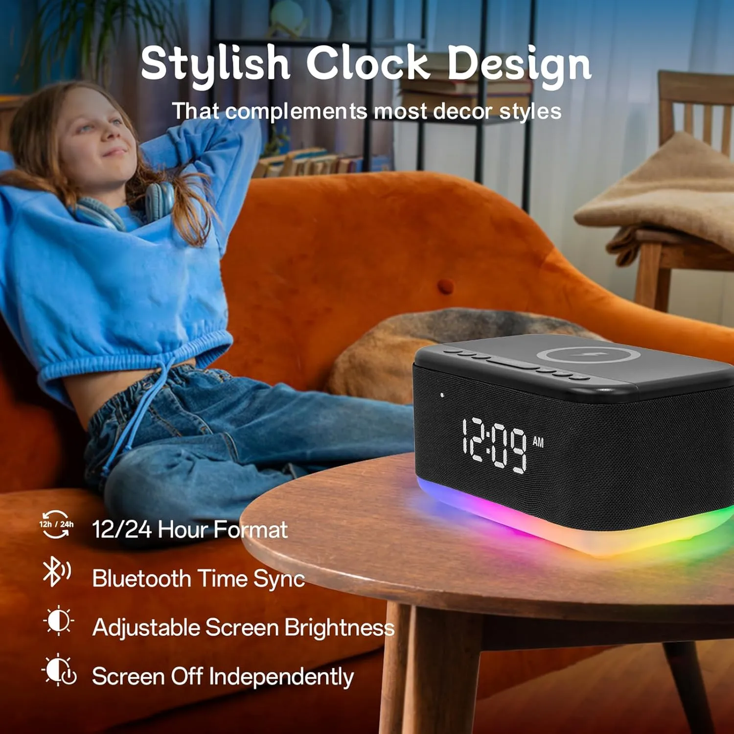 Bluetooth Alarm Clock Radio Bedroom, Digital Dual Alarm Clock Bedroom, Up to 10 Alarms Clock Night Light Speaker App/Button Control FM Charge Snooze Adjustable Volume Dim 12/24H, Black