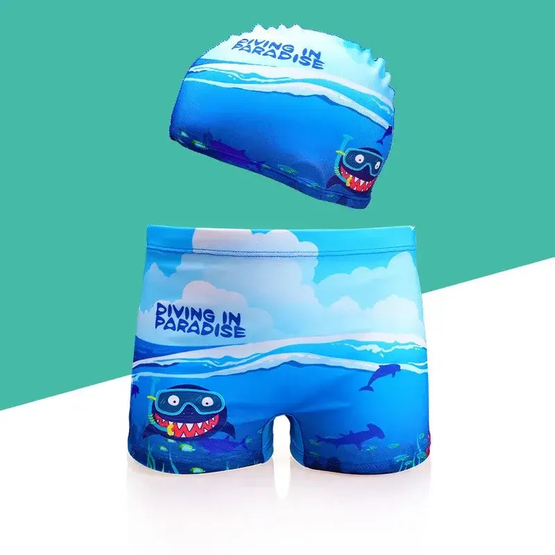 Boys Summer Beach Swimming Trunks and Cap 2PC Set