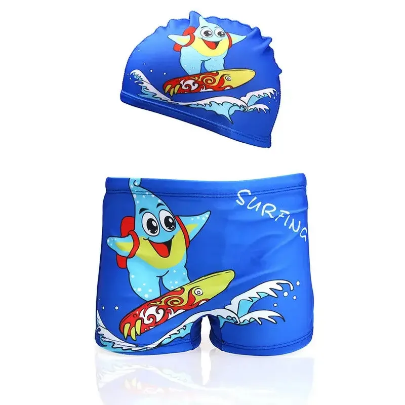 Boys Summer Beach Swimming Trunks and Cap 2PC Set