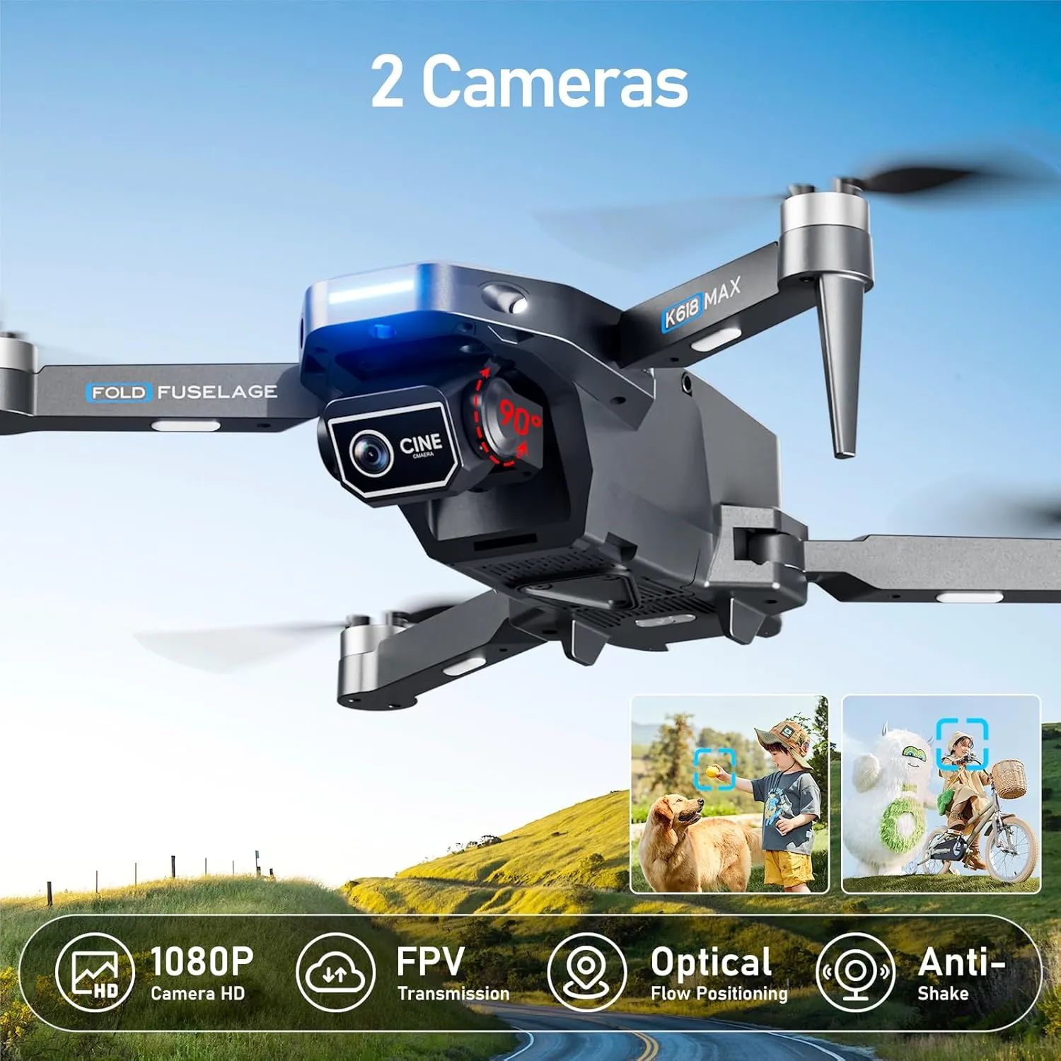 Brushless Motor Drone with Dual Camera for Kid, Long Range FPV Video RC Drone with Optical Positioning,2.4G Transmission,110FOV 90Adjustable Lens,3 Batteries, Beginners, Under 249G (Grey)
