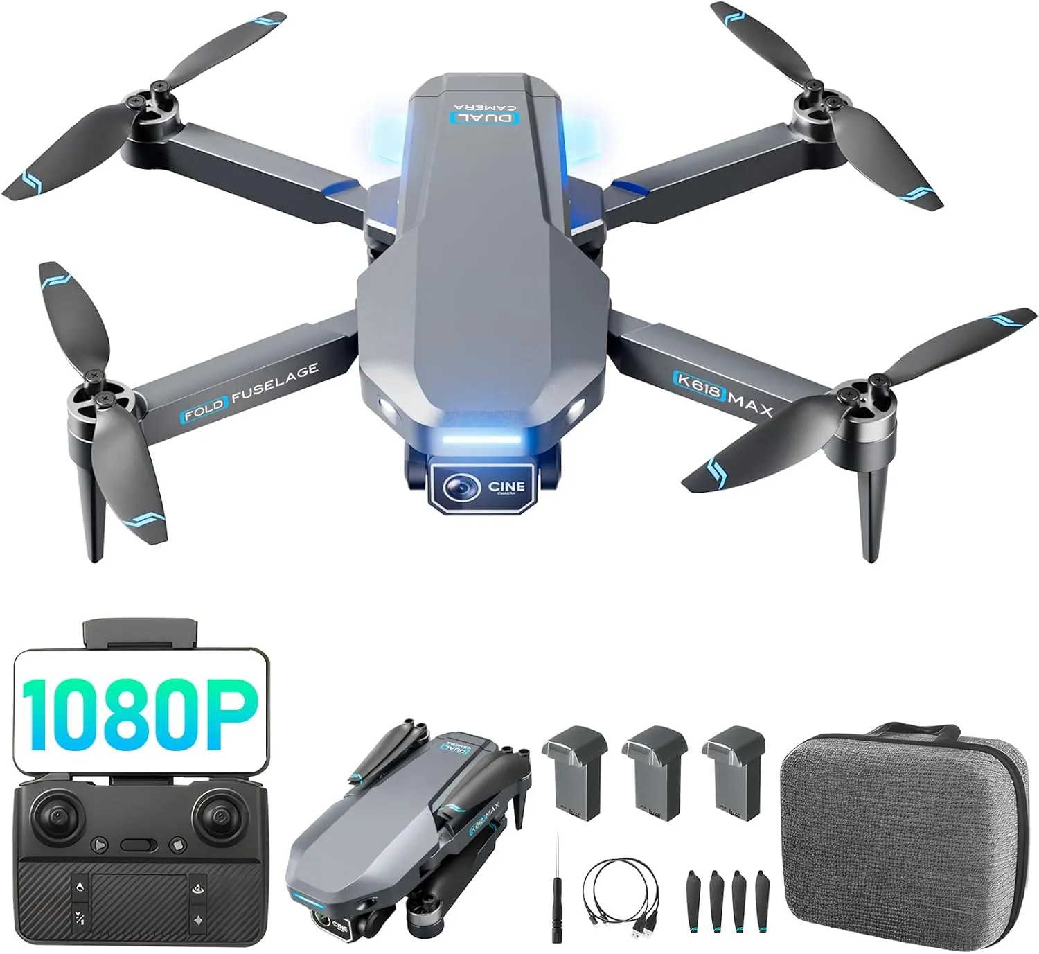 Brushless Motor Drone with Dual Camera for Kid, Long Range FPV Video RC Drone with Optical Positioning,2.4G Transmission,110FOV 90Adjustable Lens,3 Batteries, Beginners, Under 249G (Grey)