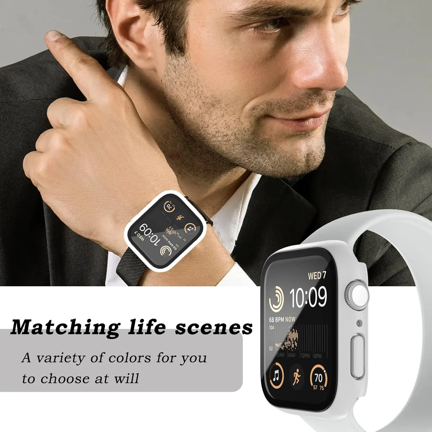 Case Compatible with Apple Watch Series 9 8 7 41mm/45mm PC Bumper with Tempered Glass Screen Protector Matte Solid Color Hard Cover (White, 41mm)