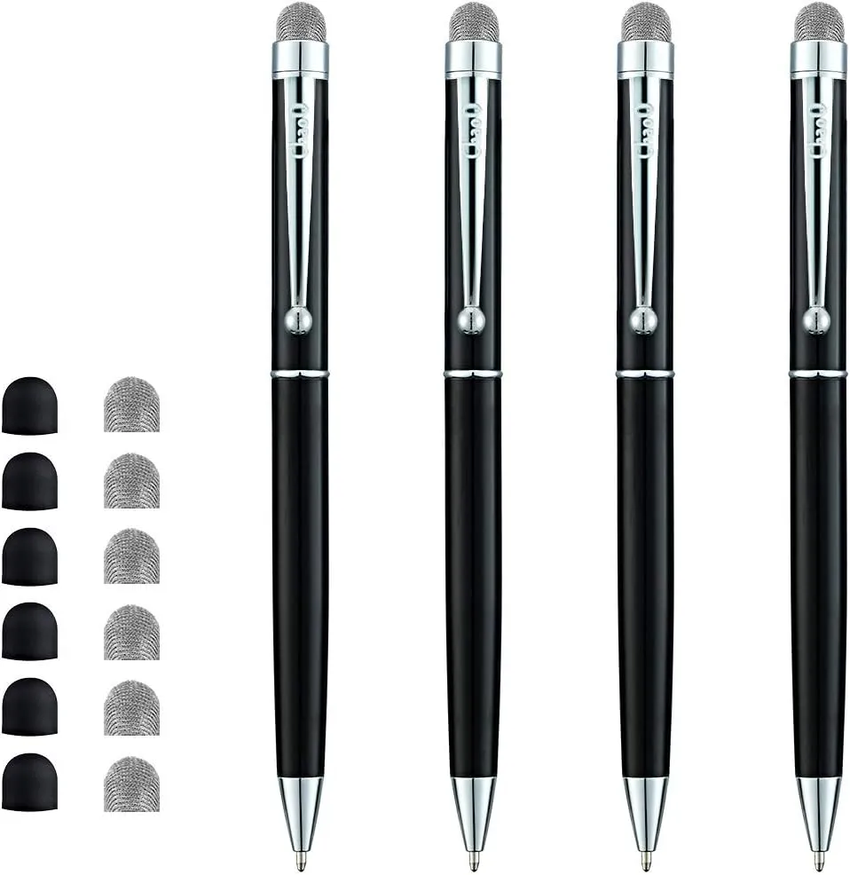 ChaoQ Hybrid Mesh Fiber Stylus Ballpoint Pens (Black Ink), for Touch Screens Devices, with 6 Replaceable Mesh Tips and 6 Replaceable Rubber Tips (4 Pack/Black)