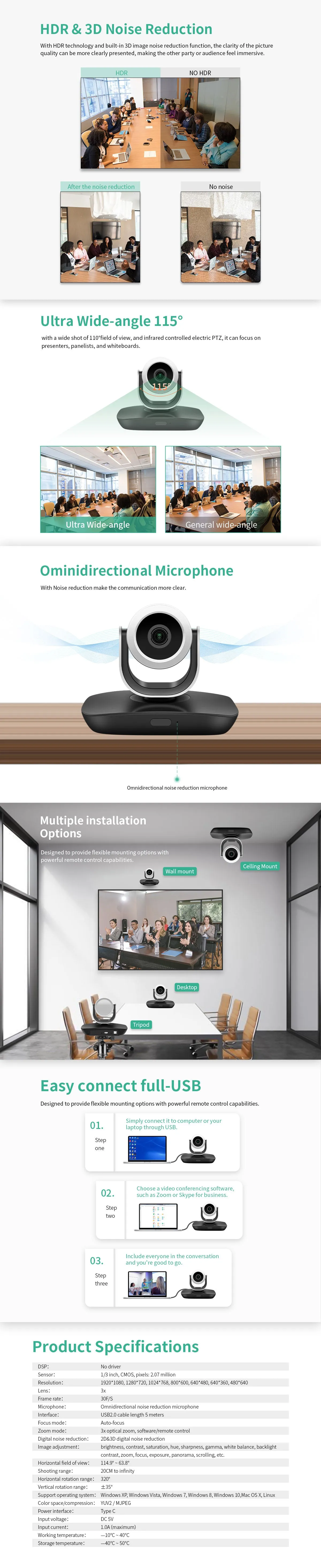 Conference Camera HD 1080P 3X Optical Zoom PTZ, HDR, 3D Noise Reduction USB WebCam Live Streaming For Church Business Meeting
