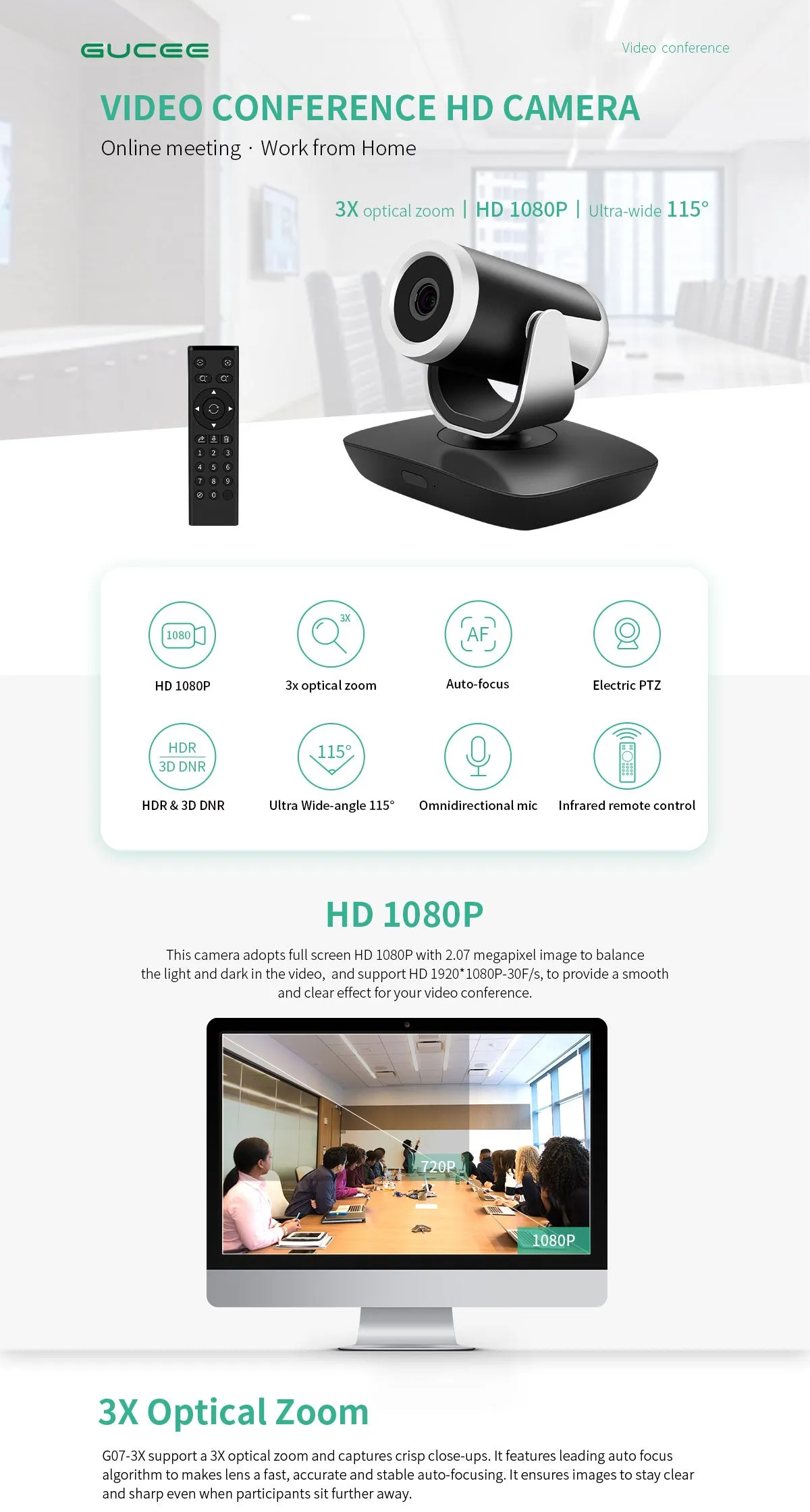 Conference Camera HD 1080P 3X Optical Zoom PTZ, HDR, 3D Noise Reduction USB WebCam Live Streaming For Church Business Meeting