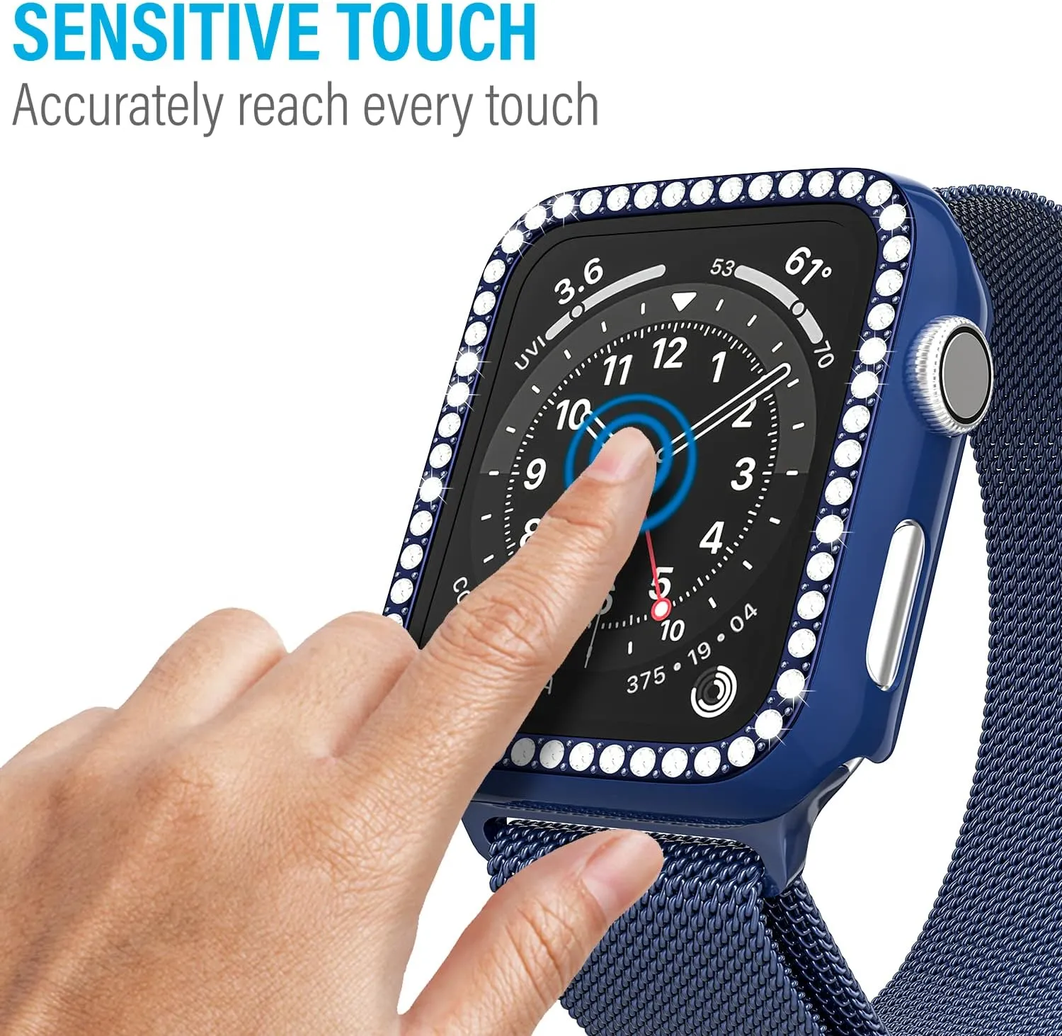 D & K Exclusives Rhinestone Case Compatible with Apple Watch 40mm Series 6/SE 5 4 with Tempered Glass Screen Protector, Bling Crystal Bumper Hard PC Thin Protective Cover for iWatch, Women, Men, Blue