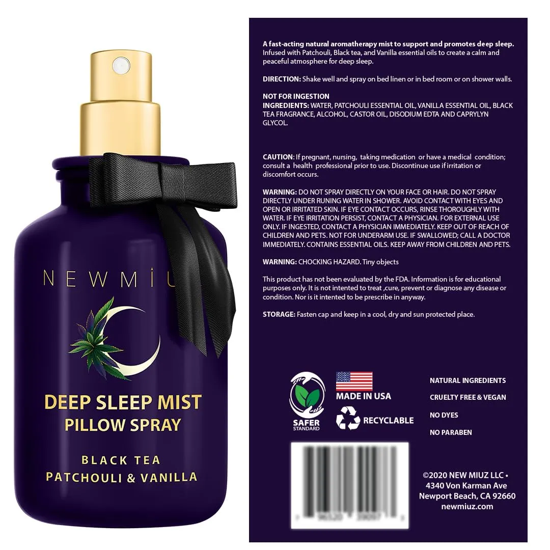 Deep Sleep Pillow Spray Patchouli Black Tea Vanilla Essential Oils Natural Fast Acting Aromatherapy Mist for Restful Sleep Relaxation Calming Stress Relief Bedtime & Shower Spray Luxury Self care Gift