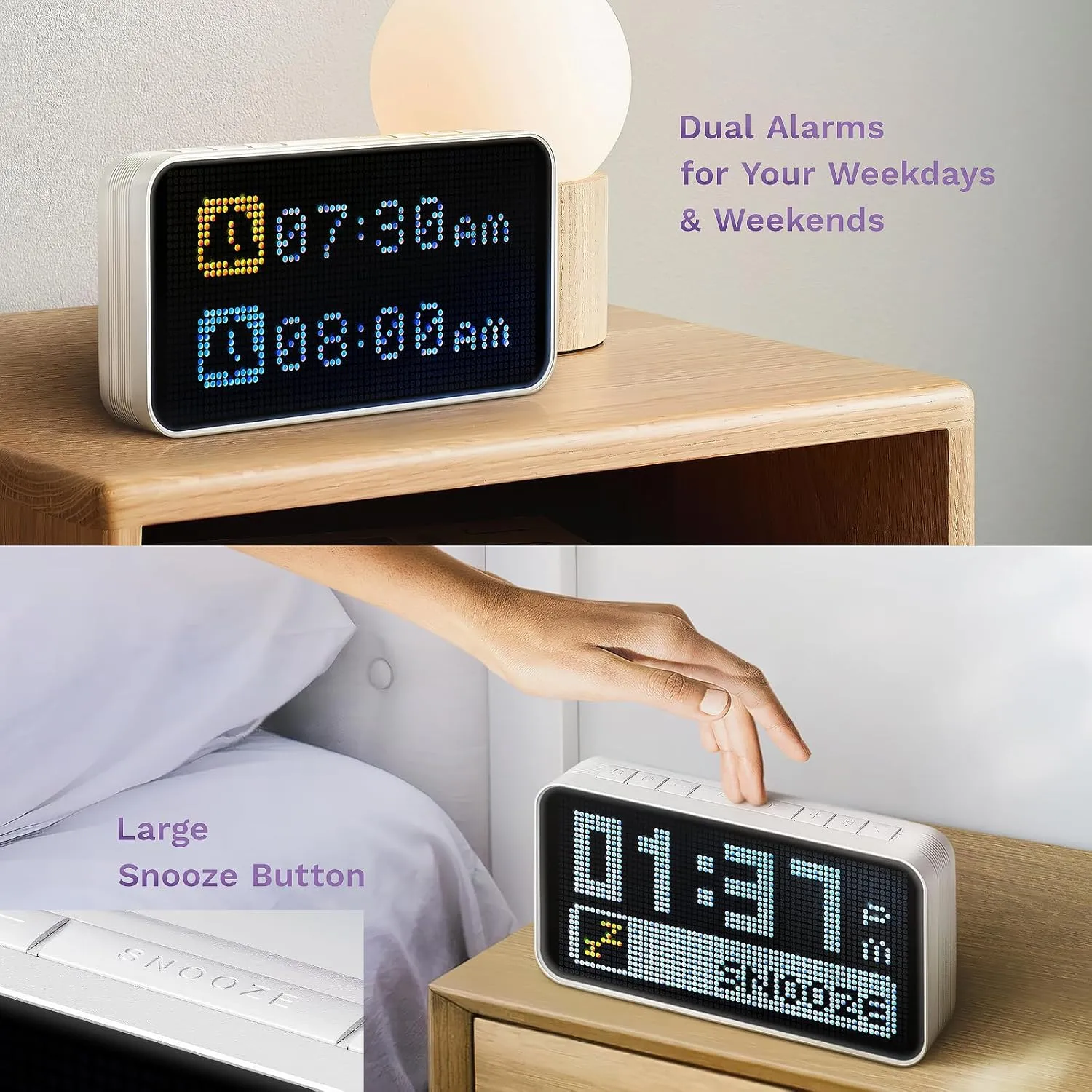 Dekala PixelRise Smart Alarm Clock for Bedroom,Pixel Art LED Dot Matrix Display, Weather Temperature Animation, Loud Dual Alarm for Heavy Sleeper, Sleep White Noise, WiFi Weather & Time Sync, App