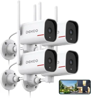 DEKCO 4 Pack Wired Home Camera Outdoor with 2K Color Night Vision, Pan Rotating 180 Security Cameras Support 24/7 Recording, 2.4&5G WiFi, AI Human Auto Tracking, Work with Alexa/Google Assistant