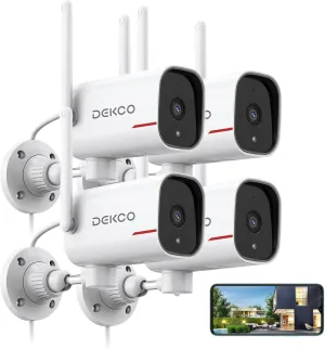 DEKCO 4 Pack Wired Home Camera Outdoor with 2K Color Night Vision, Pan Rotating 180 Security Cameras Support 24/7 Recording, 2.4&5G WiFi, AI Human Auto Tracking, Work with Alexa/Google Assistant
