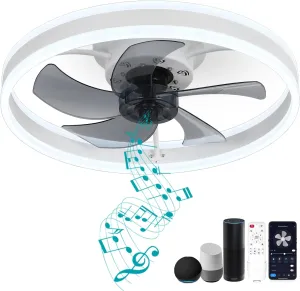DewShrimp Low Profile Bladeless Ceiling Fan with Speaker, 19.8" Smart Fan Compatible with Alexa/Google Assistant/App Control, 6 Speed Flush Mount Dimmable LED Lights