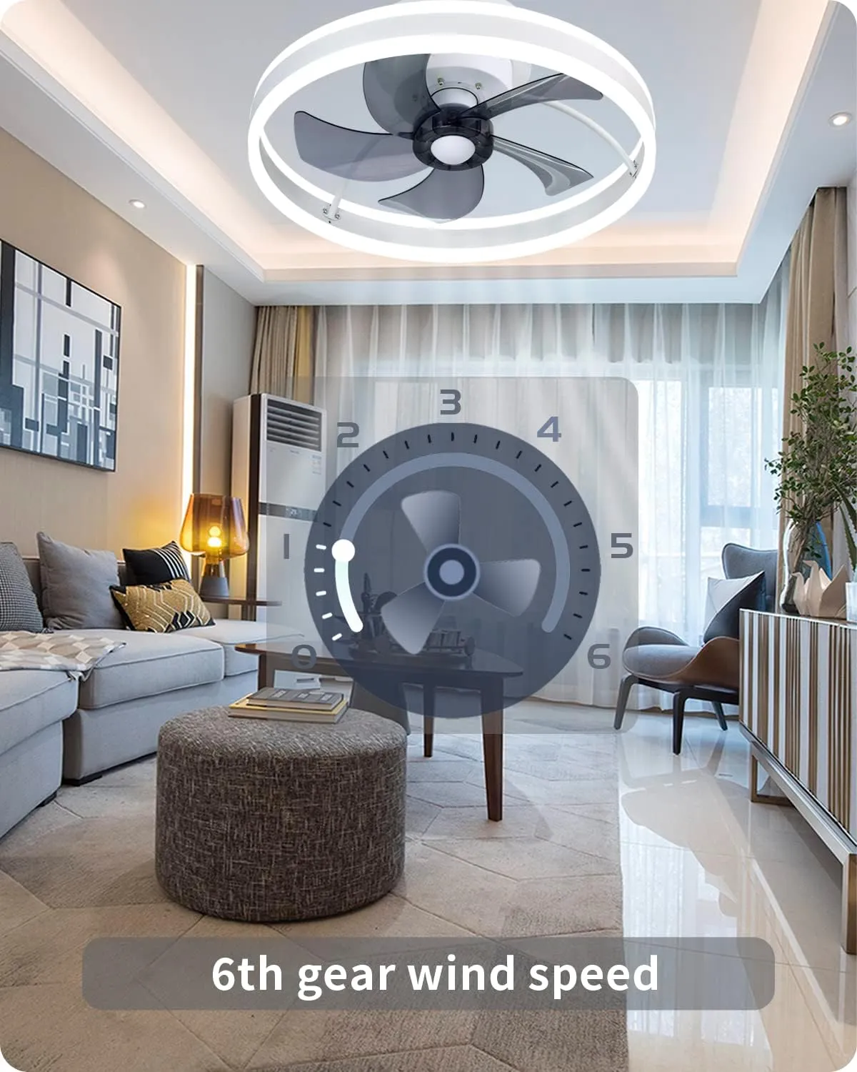 DewShrimp Low Profile Bladeless Ceiling Fan with Speaker, 19.8" Smart Fan Compatible with Alexa/Google Assistant/App Control, 6 Speed Flush Mount Dimmable LED Lights