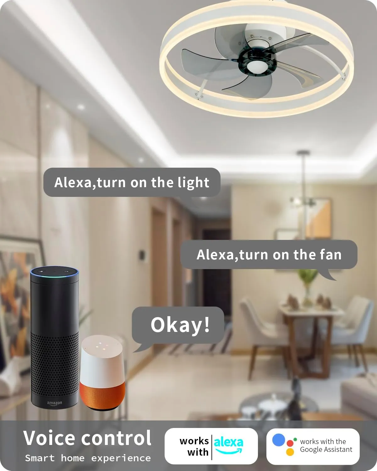 DewShrimp Low Profile Bladeless Ceiling Fan with Speaker, 19.8" Smart Fan Compatible with Alexa/Google Assistant/App Control, 6 Speed Flush Mount Dimmable LED Lights