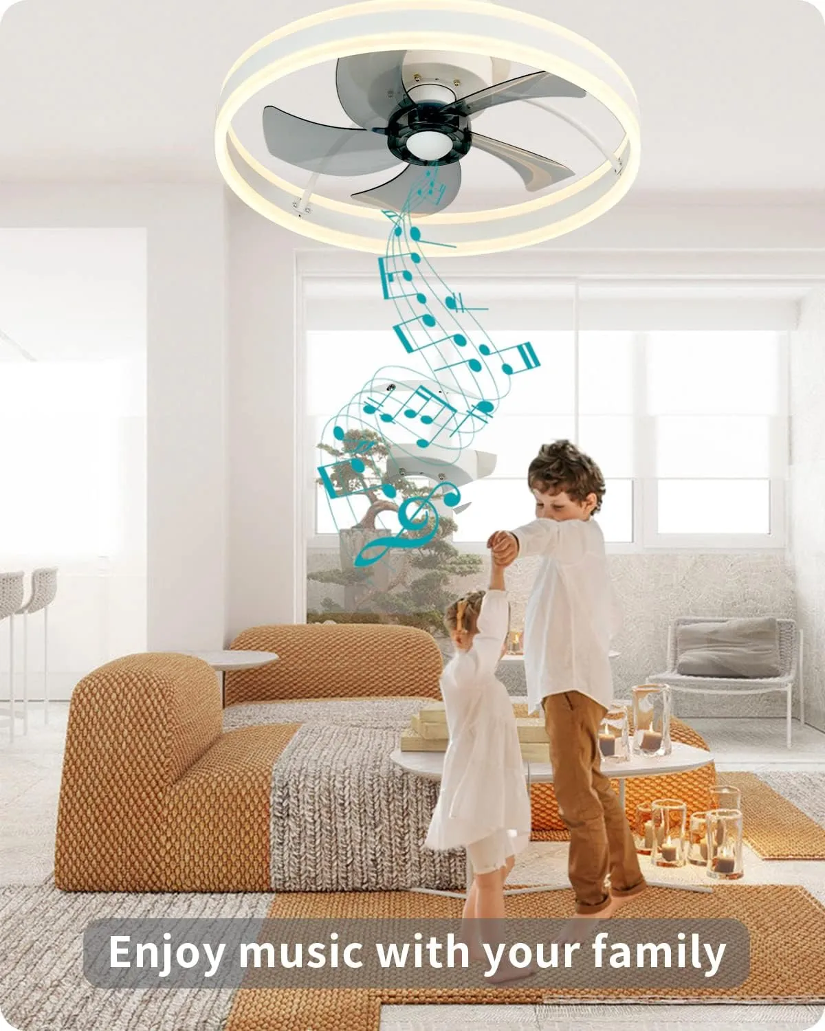DewShrimp Low Profile Bladeless Ceiling Fan with Speaker, 19.8" Smart Fan Compatible with Alexa/Google Assistant/App Control, 6 Speed Flush Mount Dimmable LED Lights