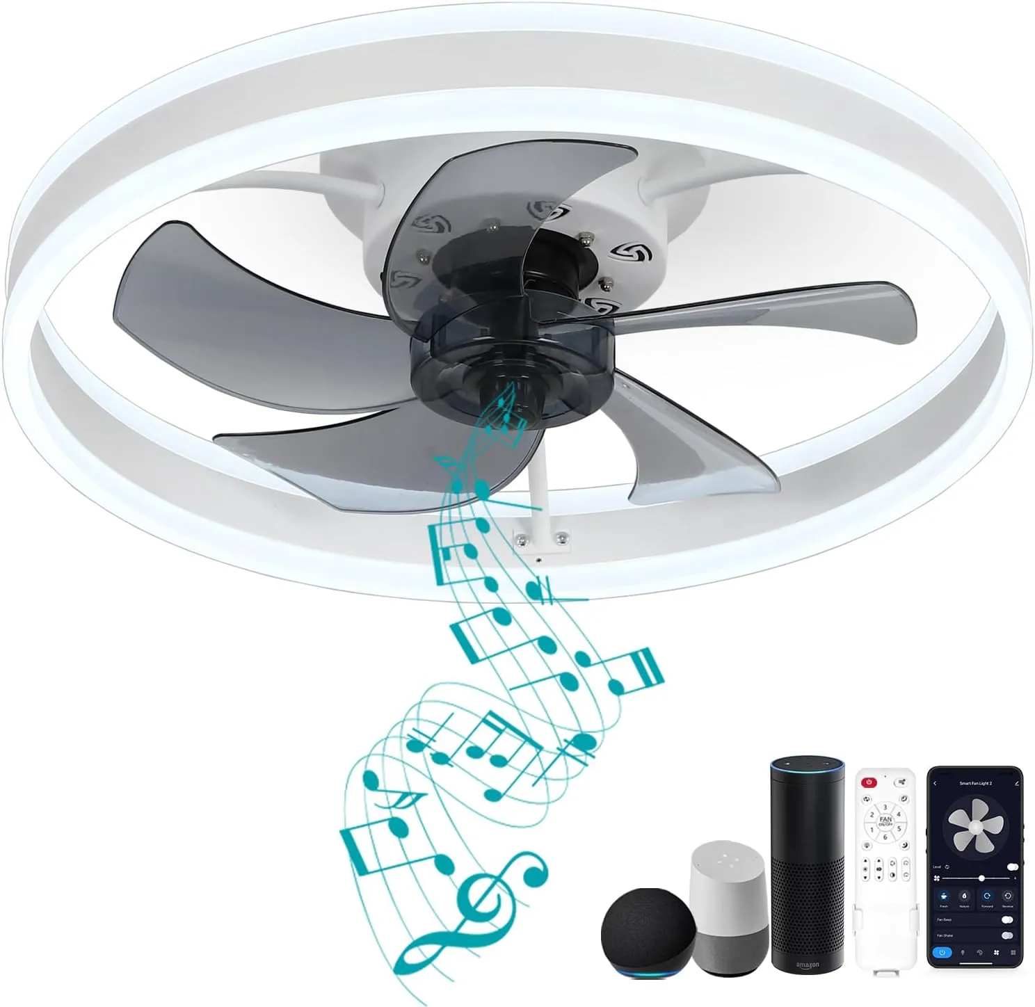 DewShrimp Low Profile Bladeless Ceiling Fan with Speaker, 19.8" Smart Fan Compatible with Alexa/Google Assistant/App Control, 6 Speed Flush Mount Dimmable LED Lights